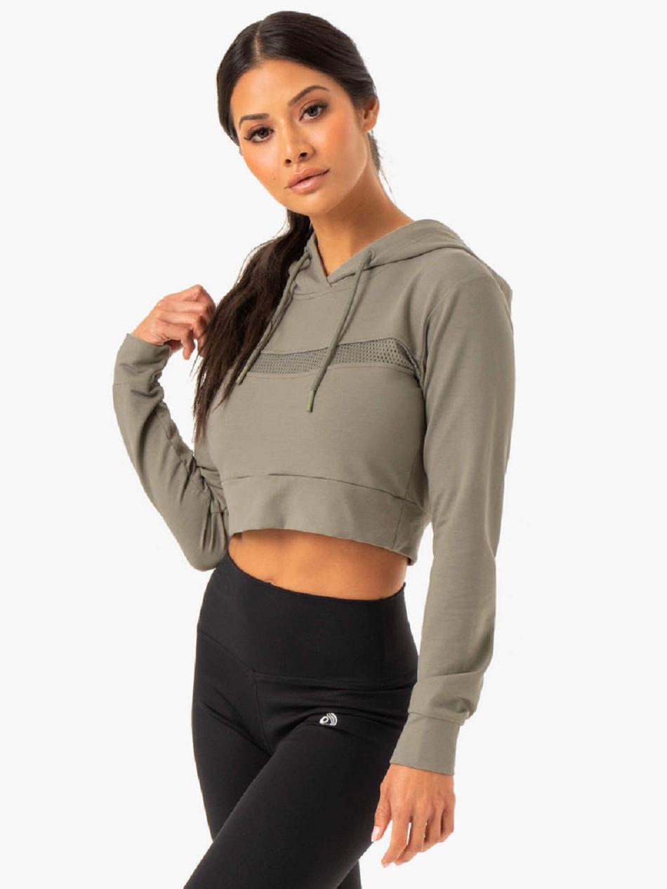 Khaki Women's Ryderwear Hybrid Fitted Hoodie Top | 63YF88850