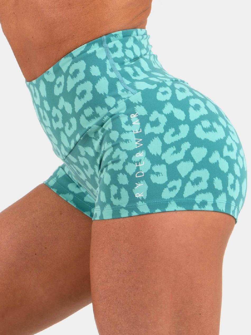 Leopard / Turquoise Women's Ryderwear Animal Shorts Scrunch Bum | 67U4077085