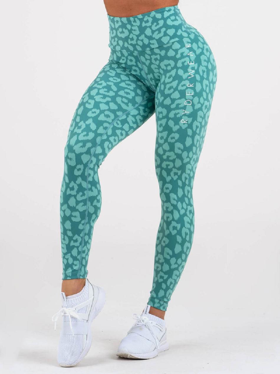 Leopard / Turquoise Women's Ryderwear Instinct Scrunch Bum Leggings | 39NG69582