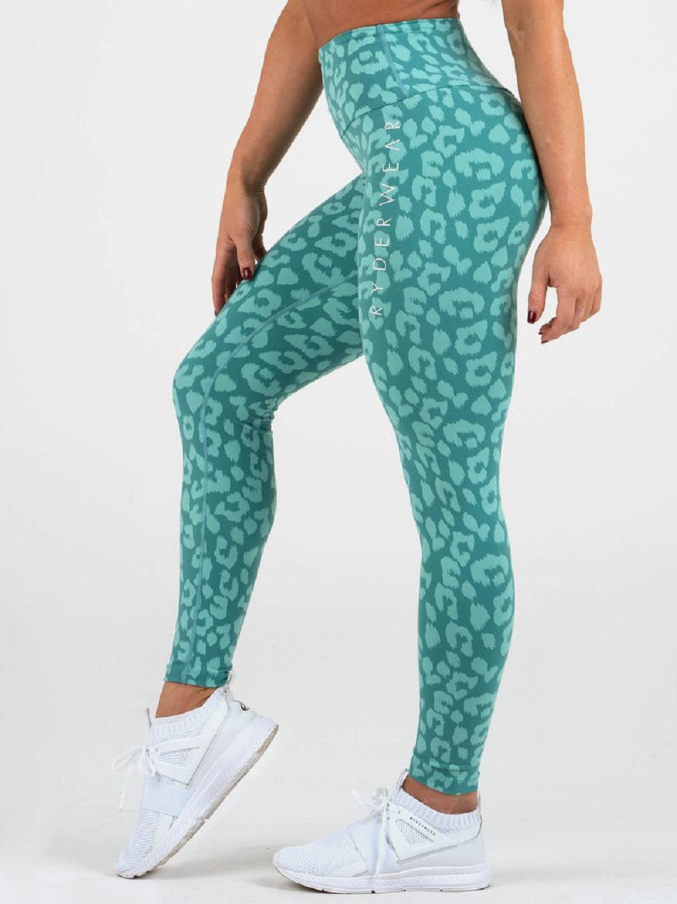 Leopard / Turquoise Women's Ryderwear Instinct Scrunch Bum Leggings | 39NG69582