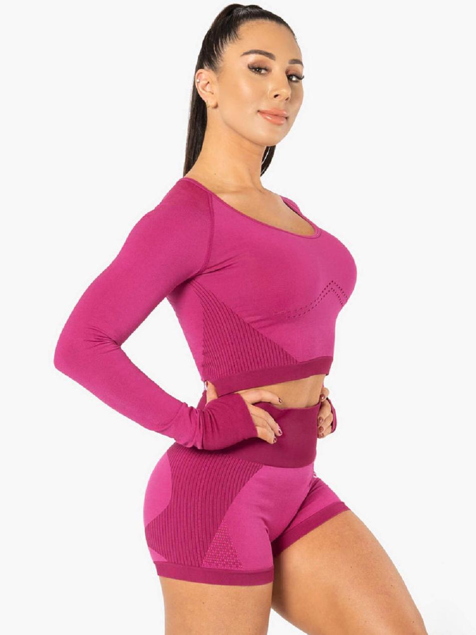 Pink Women's Ryderwear Electra Long Sleeve Crop Top Seamless | 47YH49941