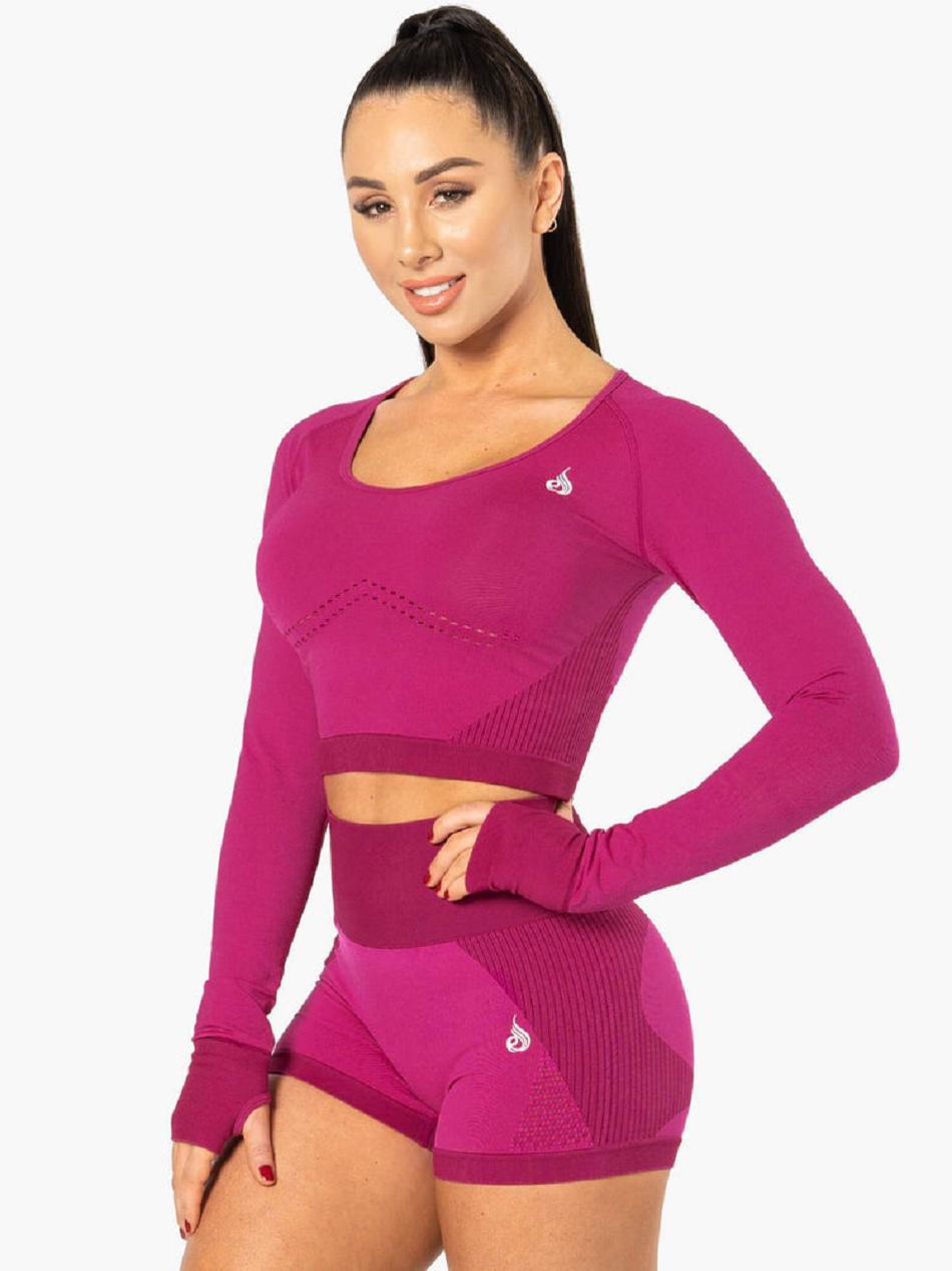 Pink Women\'s Ryderwear Electra Long Sleeve Crop Top Seamless | 47YH49941