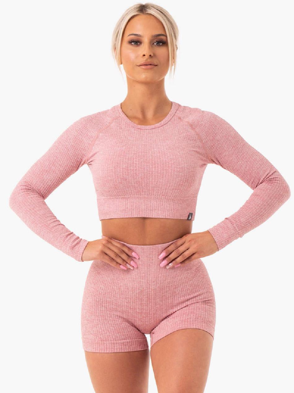 Pink Women\'s Ryderwear Rib Long Sleeve Top Seamless | 49KR50943