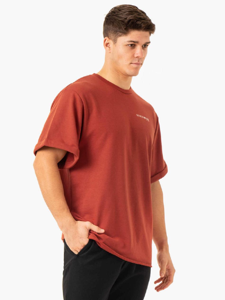 Red Men's Ryderwear Pursuit Oversized Fleece T-Shirt Active Lounge | 65Y9721866