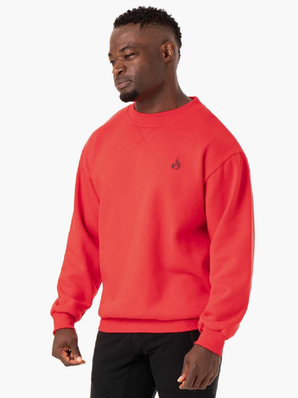 Red Men's Ryderwear Reset Fleece Crew Neck Sweaters | 5G8962600