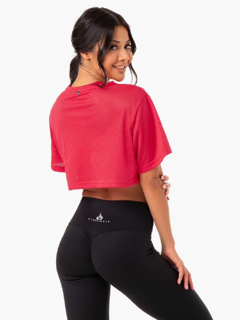 Red Women's Ryderwear Amazon Mesh Cropped T-shirt | 141G67750