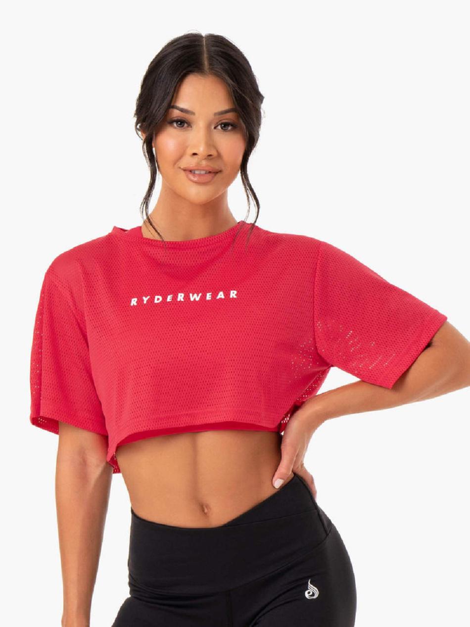 Red Women's Ryderwear Amazon Mesh Cropped T-shirt | 141G67750