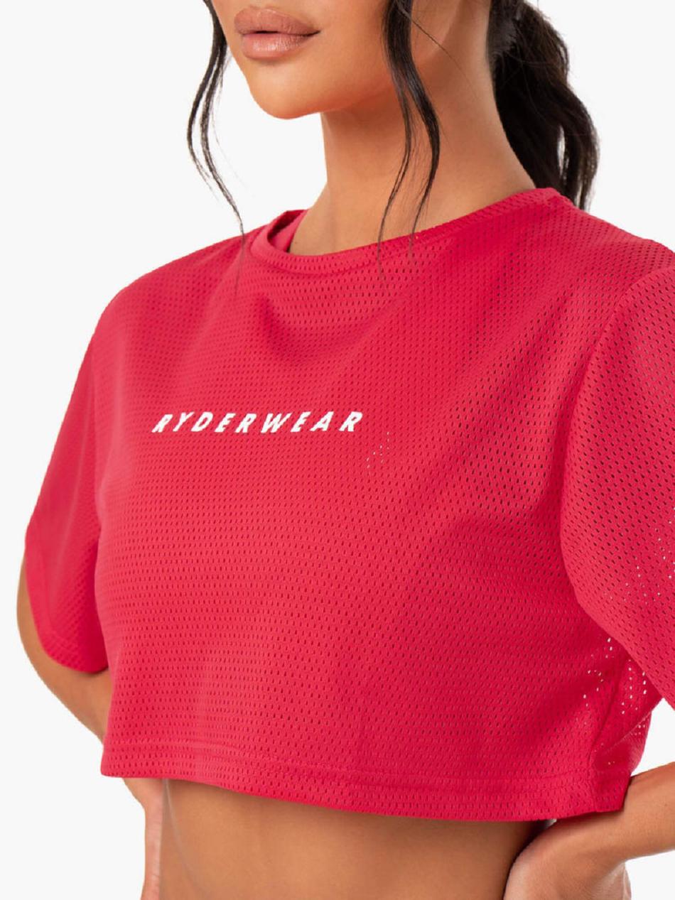 Red Women's Ryderwear Amazon Mesh Cropped T-shirt | 141G67750