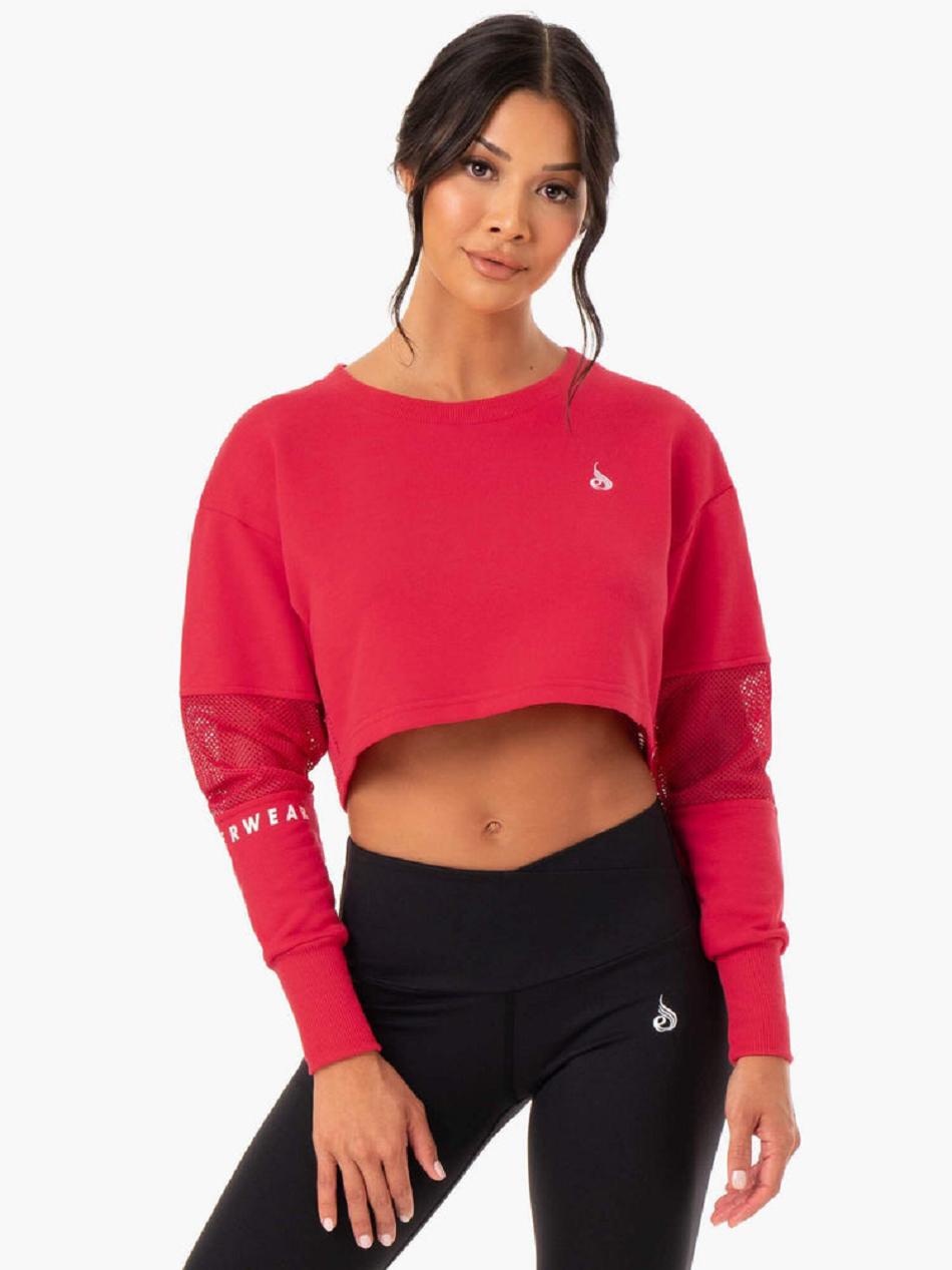 Red Women\'s Ryderwear Amazon Mesh Cropped Sweater Top | 6D5795572