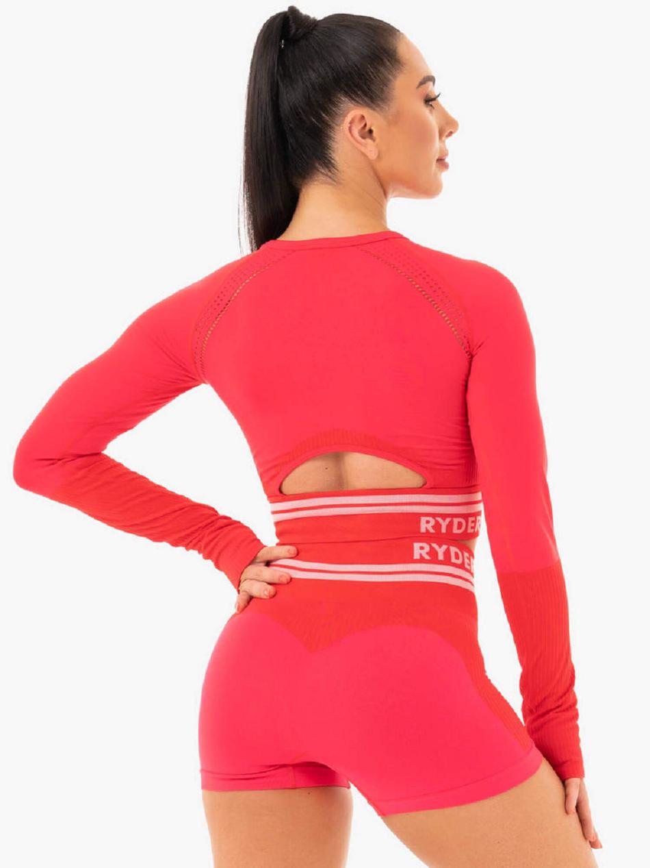 Red Women's Ryderwear Freestyle Long Sleeve Crop Seamless | 51JF34735