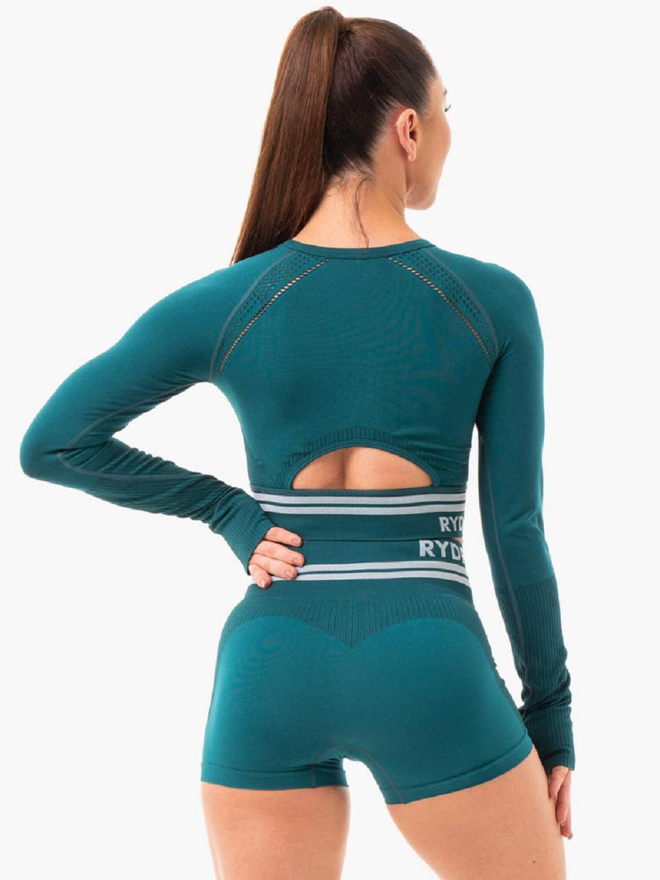 Turquoise / Green Women's Ryderwear Freestyle Long Sleeve Crop Seamless | 48EW73140