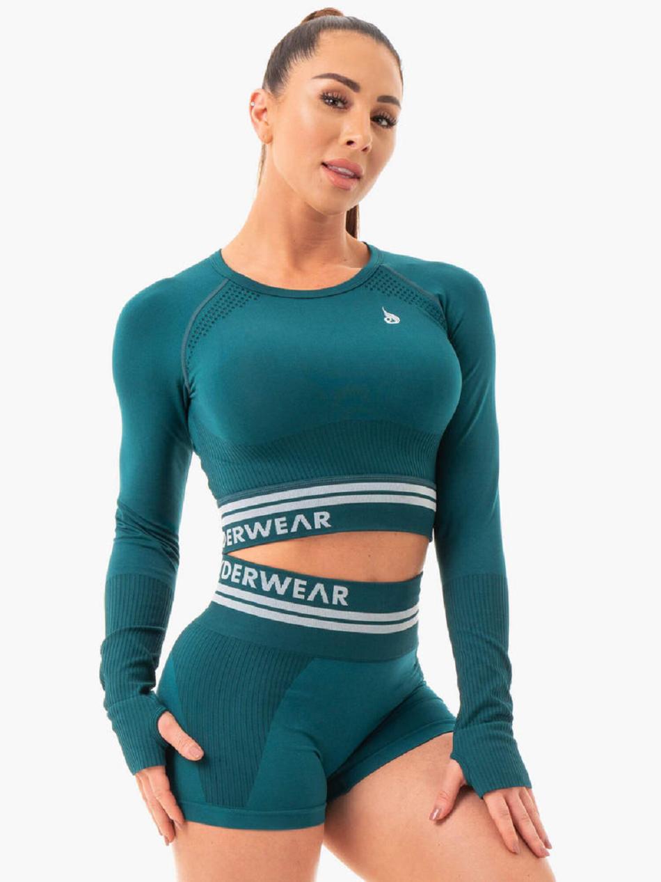 Turquoise / Green Women's Ryderwear Freestyle Long Sleeve Crop Seamless | 48EW73140