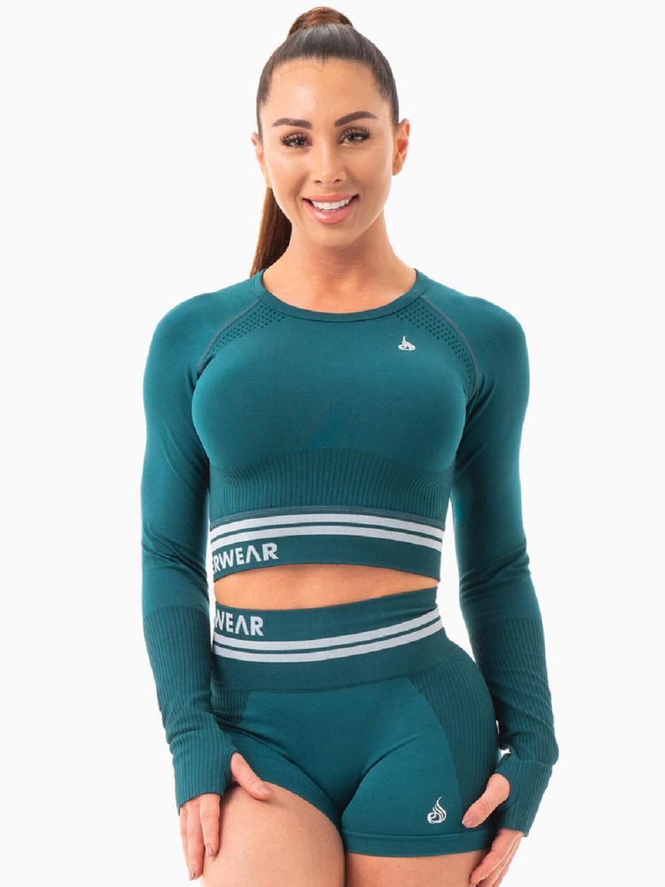 Turquoise / Green Women\'s Ryderwear Freestyle Long Sleeve Crop Seamless | 48EW73140