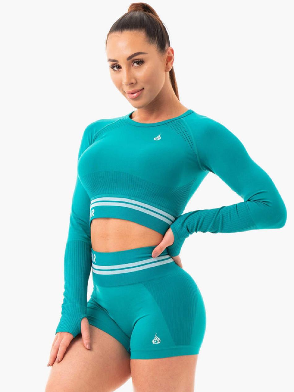 Turquoise Women's Ryderwear Freestyle Long Sleeve Crop Seamless | 110J39989