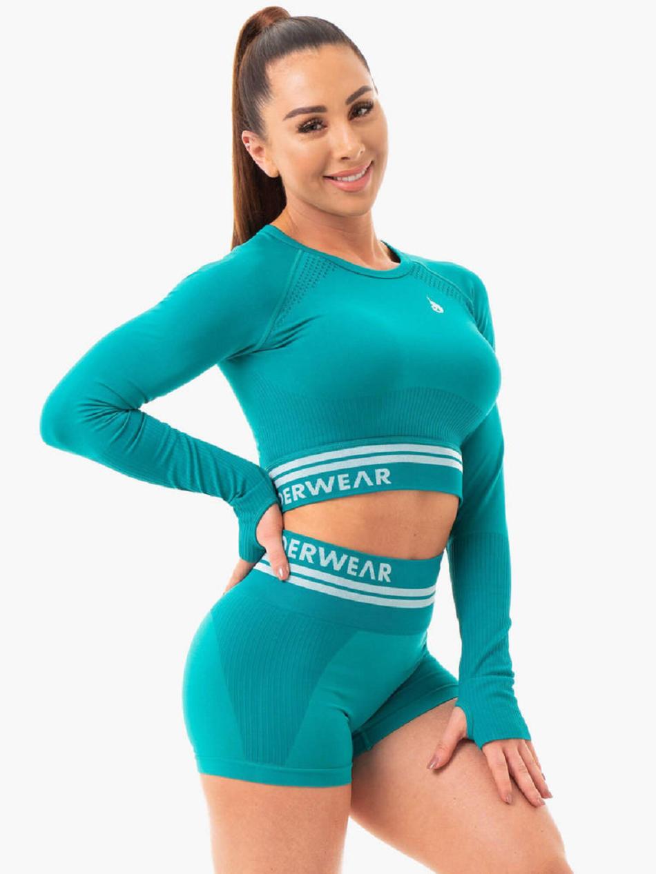 Turquoise Women's Ryderwear Freestyle Long Sleeve Crop Seamless | 110J39989