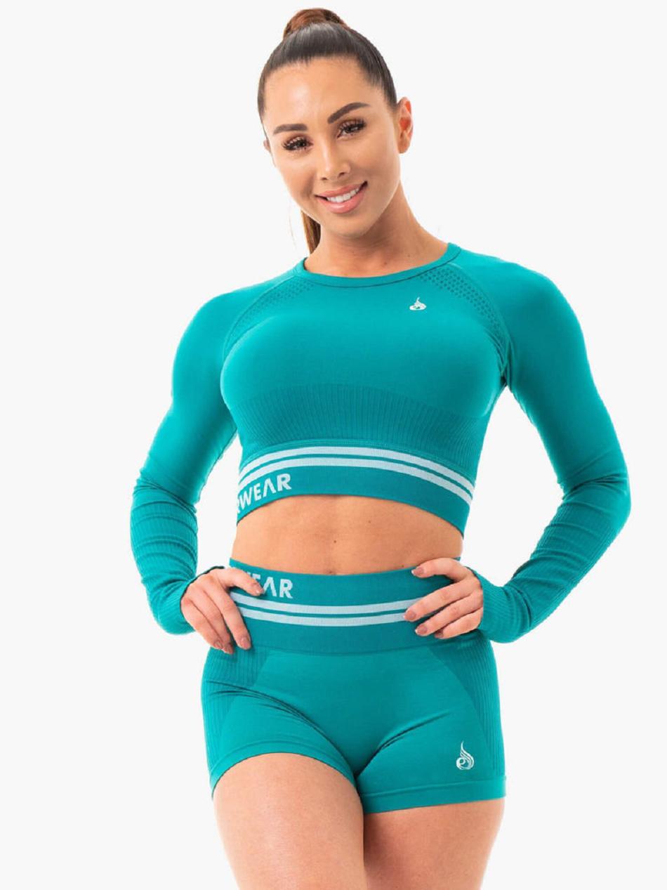 Turquoise Women\'s Ryderwear Freestyle Long Sleeve Crop Seamless | 110J39989