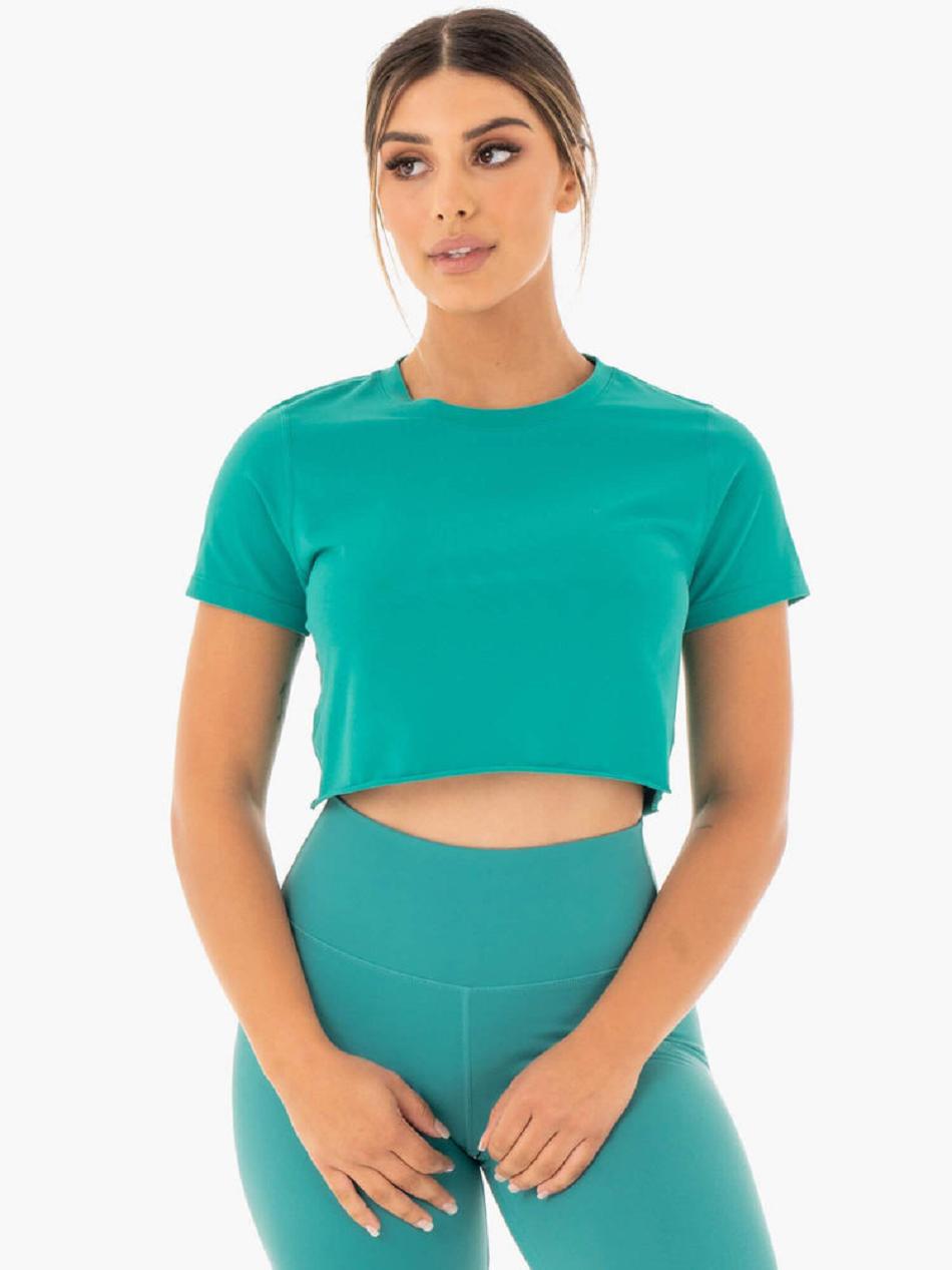 Turquoise Women\'s Ryderwear Motion Cropped T-Shirt Active Lounge | 67U7549808