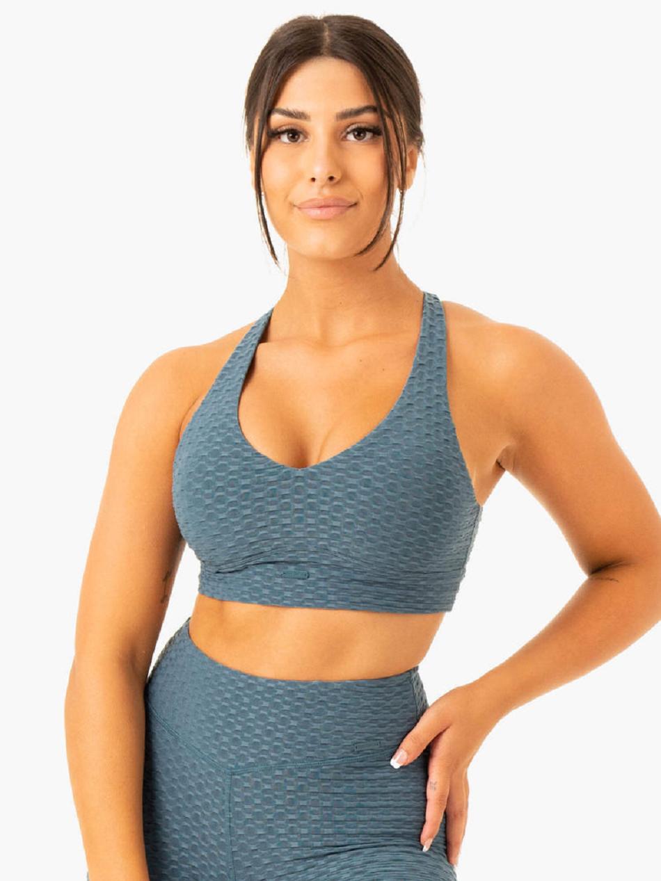 Turquoise Women's Ryderwear Optic V-Neck Sports Bras | 57GA84365