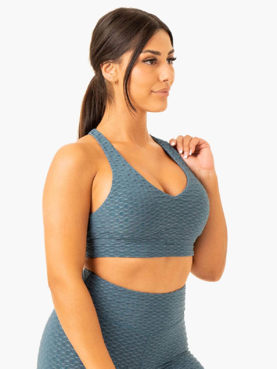 Turquoise Women's Ryderwear Optic V-Neck Sports Bras | 57GA84365