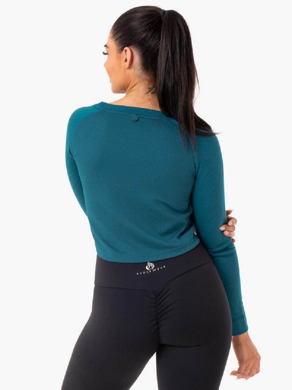 Turquoise Women's Ryderwear Staples Cropped Sweater Top | MNG51340