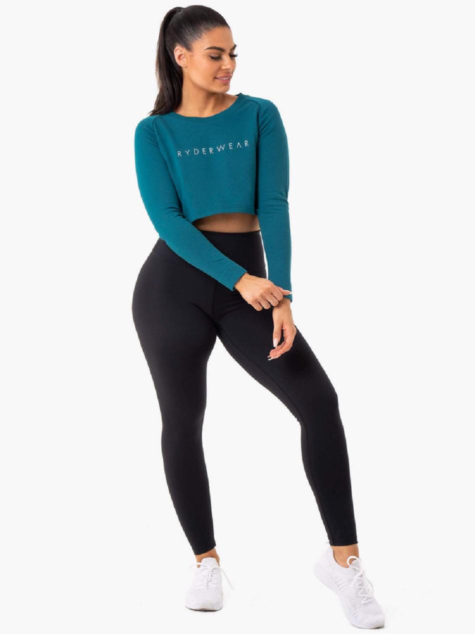 Turquoise Women's Ryderwear Staples Cropped Sweater Top | MNG51340