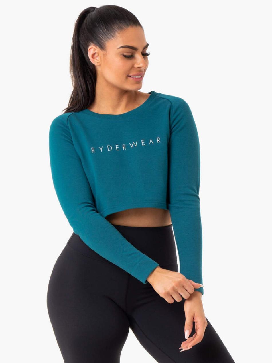 Turquoise Women\'s Ryderwear Staples Cropped Sweater Top | MNG51340