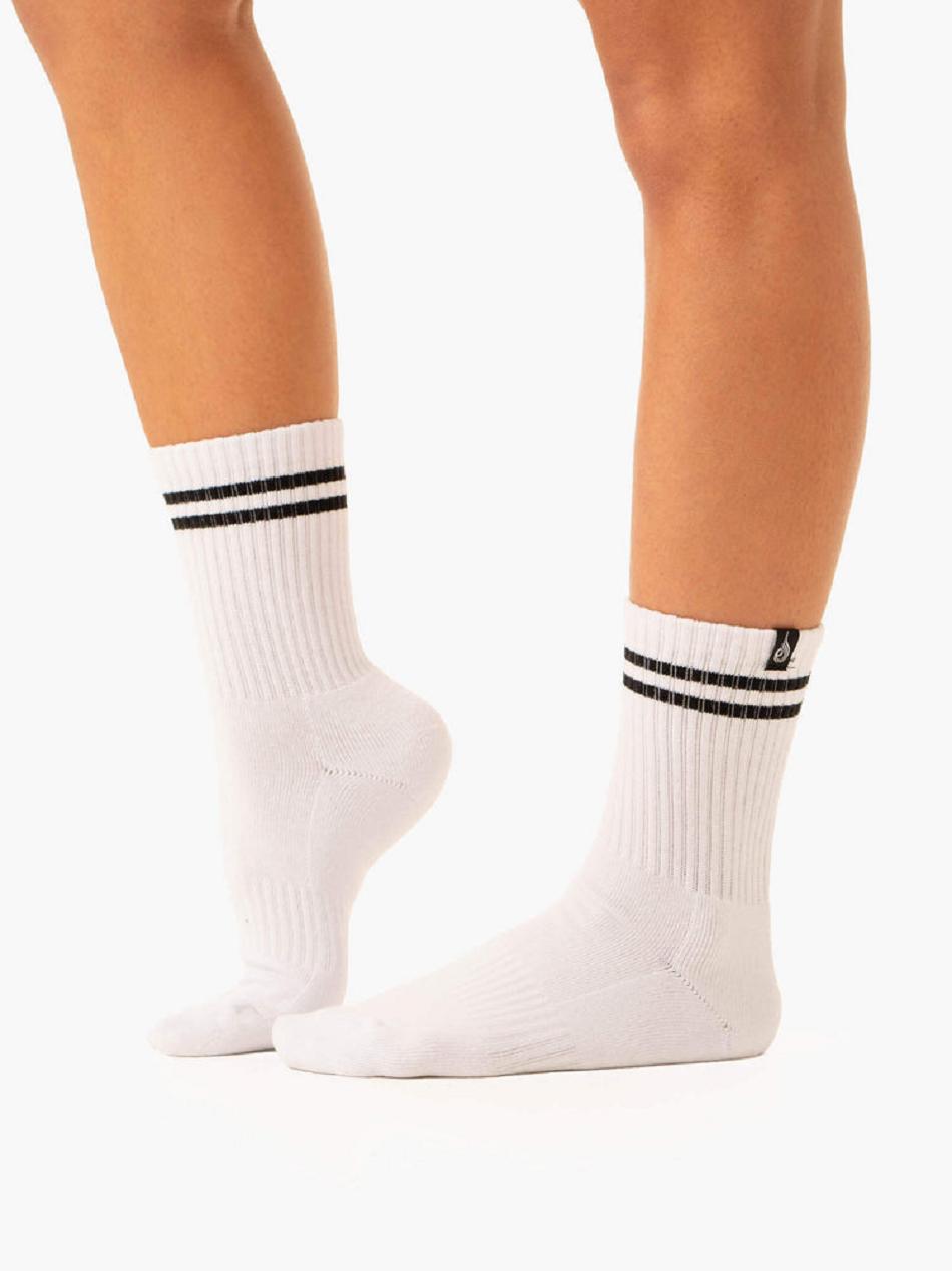 White / Green Women's Ryderwear Stripe Crew Socks Accessories | BG7965473