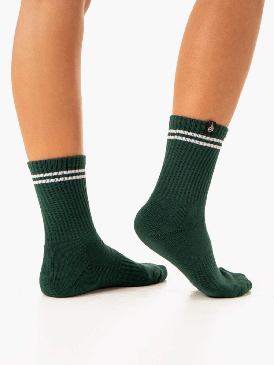 White / Green Women's Ryderwear Stripe Crew Socks Accessories | BG7965473