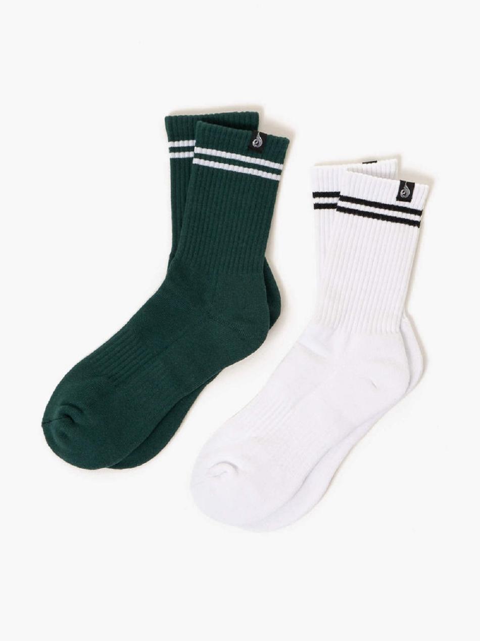 White / Green Women\'s Ryderwear Stripe Crew Socks Accessories | BG7965473