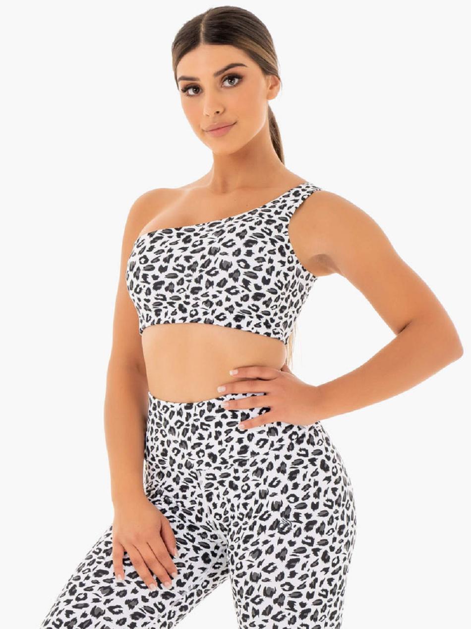 White / Leopard Women's Ryderwear Adapt One Shoulder Sports Bras | FG88852