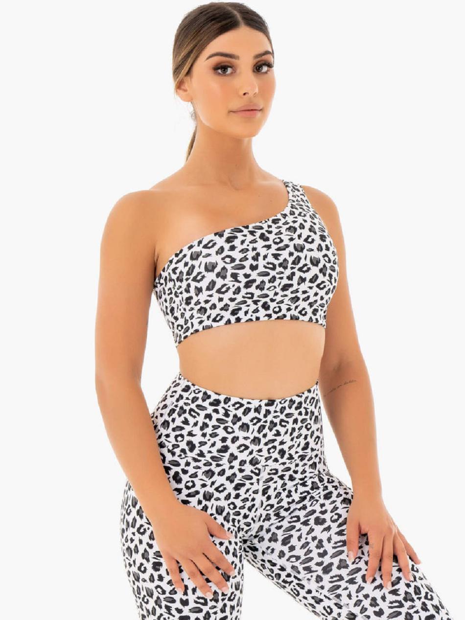 White / Leopard Women's Ryderwear Adapt One Shoulder Sports Bras | FG88852