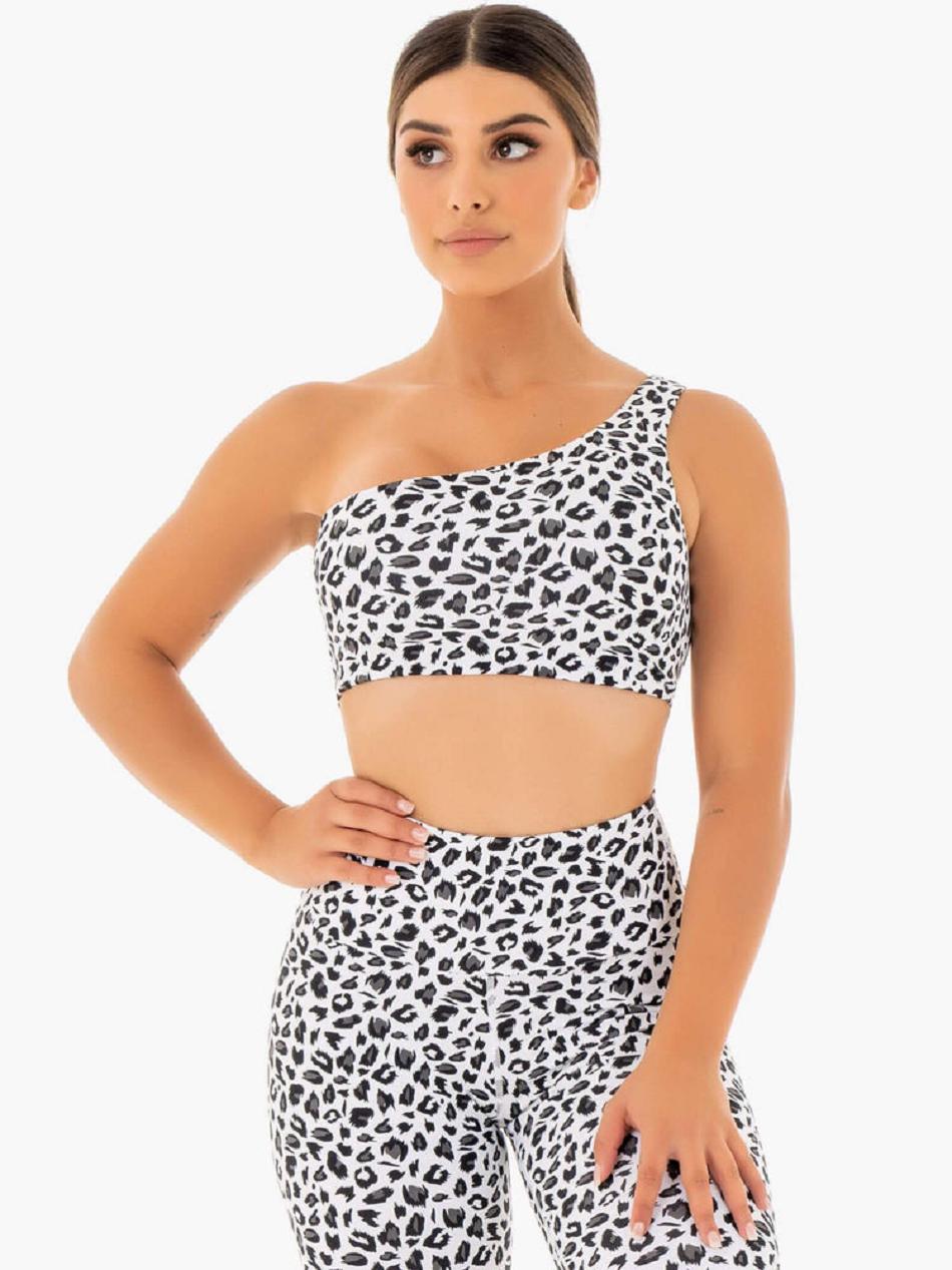 White / Leopard Women\'s Ryderwear Adapt One Shoulder Sports Bras | FG88852