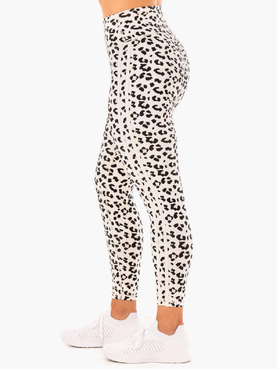 White / Leopard Women's Ryderwear Evolution High Waisted Scrunch Leggings | 90Y67217