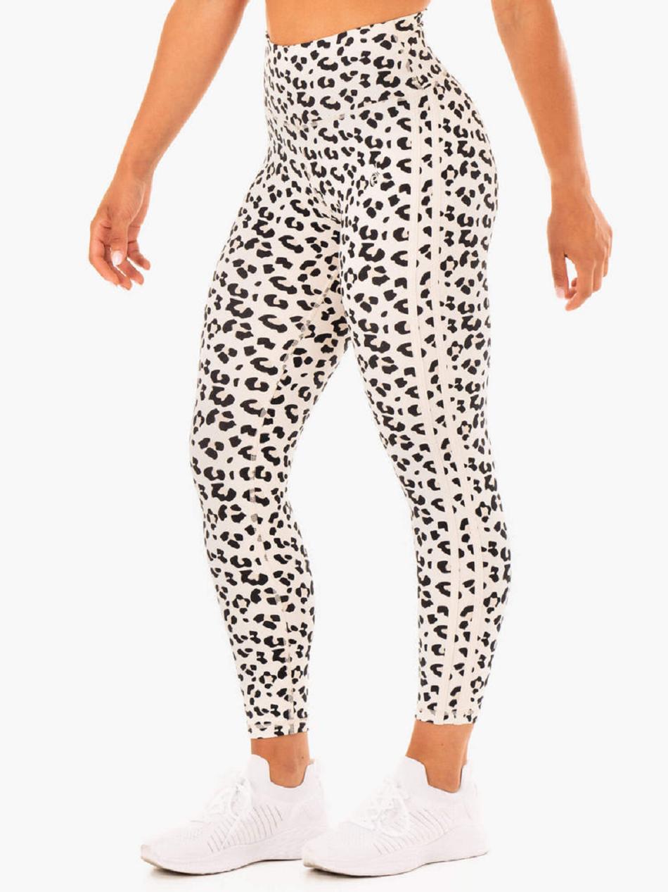 White / Leopard Women's Ryderwear Evolution High Waisted Scrunch Leggings | 90Y67217