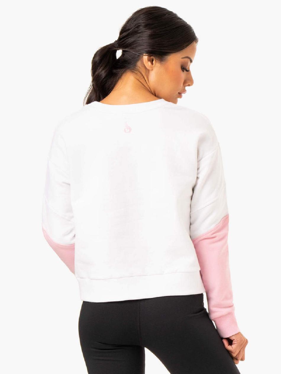 White / Pink Women's Ryderwear Hybrid Pullover Jumper Top | 5G5857988