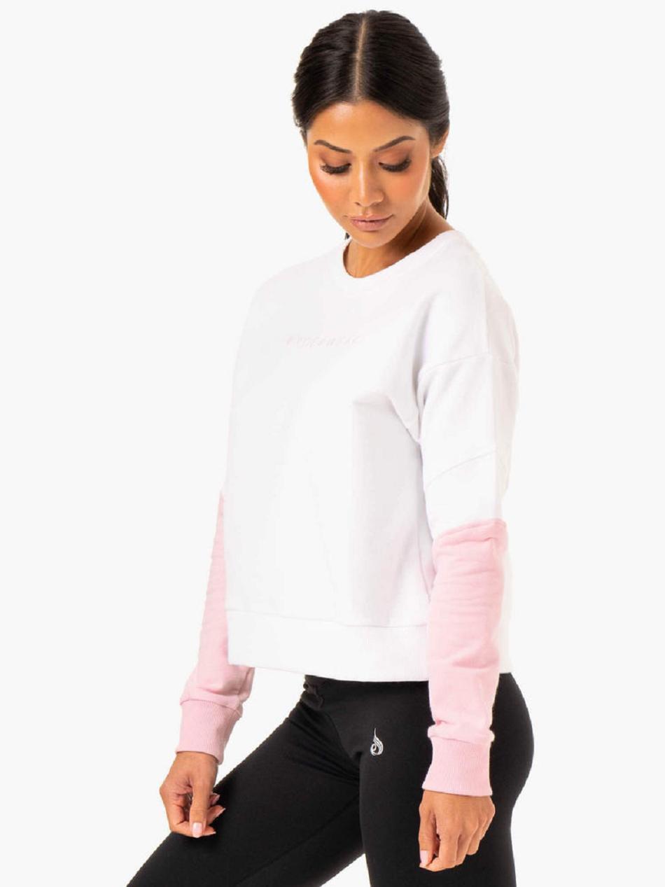 White / Pink Women's Ryderwear Hybrid Pullover Jumper Top | 5G5857988