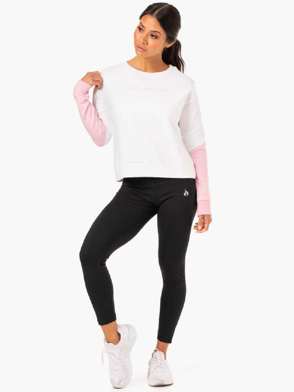 White / Pink Women's Ryderwear Hybrid Pullover Jumper Top | 5G5857988