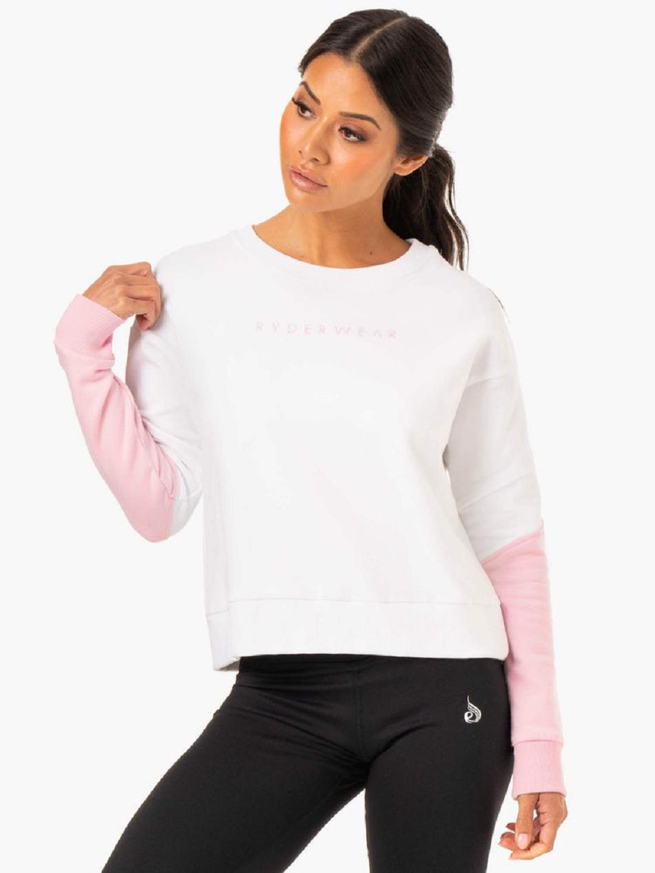 White / Pink Women\'s Ryderwear Hybrid Pullover Jumper Top | 5G5857988