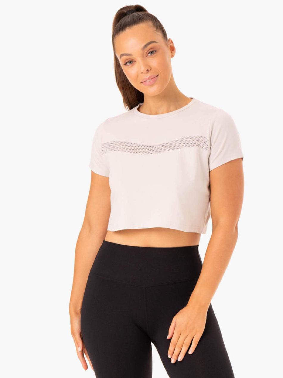 White Women\'s Ryderwear Hybrid Mesh Tee Top | 65GA72619