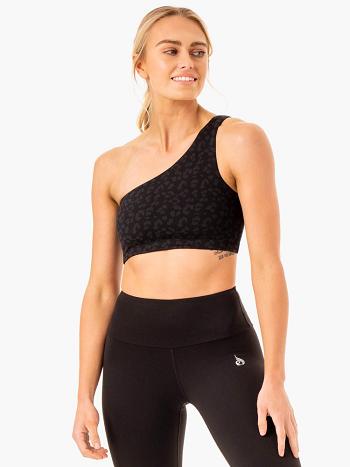 Black / Leopard Women's Ryderwear Adapt One Shoulder Sports Bras | BG5640629