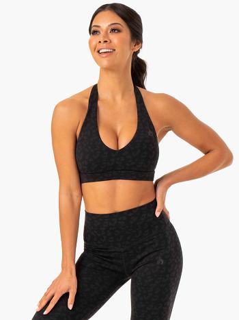 Black / Leopard Women's Ryderwear Hybrid Halter Sports Bras | 57FV84109