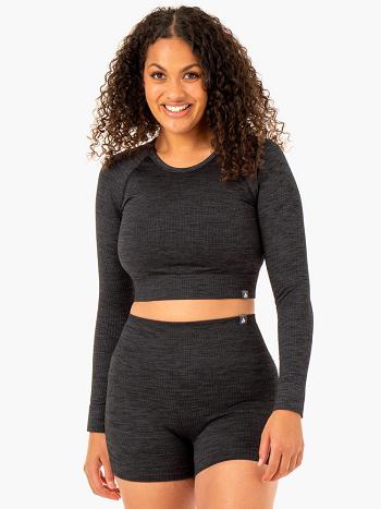 Black Women's Ryderwear Rib Long Sleeve Top Seamless | 51GA48729