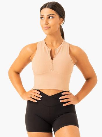 Brown Women's Ryderwear Embody Zip Up Crop Top | 64FV57795