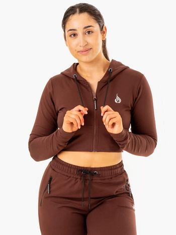 Chocolate Women's Ryderwear Luxe Cropped Zip Hoodie Top | 156F15864