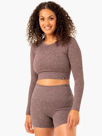 Chocolate Women's Ryderwear Rib Long Sleeve Top Seamless | 98Y91717