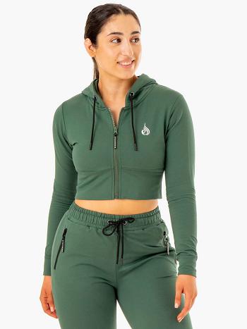 Green Women's Ryderwear Luxe Cropped Zip Hoodie Top | 65Y6588181