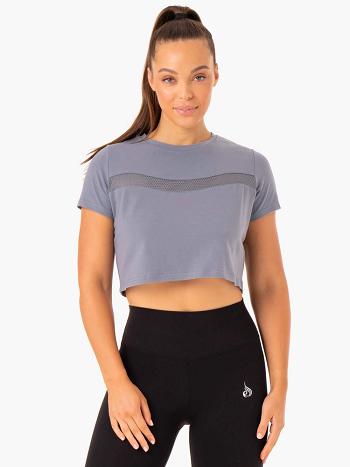 Grey / Blue Women's Ryderwear Hybrid Mesh T-shirt | 143DF47584