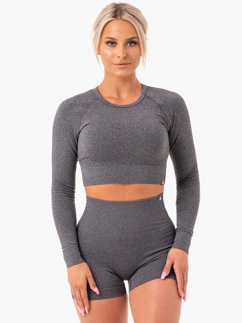 Grey Women's Ryderwear Rib Long Sleeve Top Seamless | 46RT71477