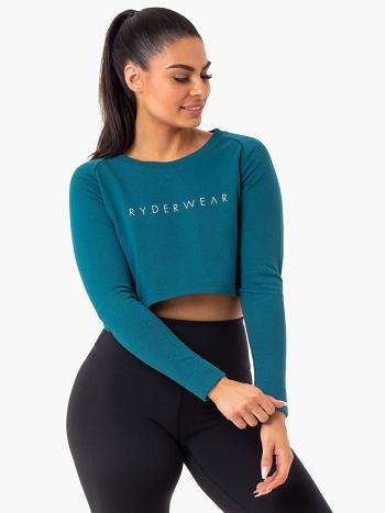 Turquoise Women's Ryderwear Staples Cropped Sweater Top | MNG51340